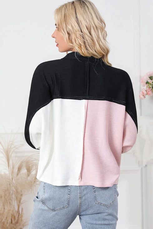 'Thalia' Black & Pink Colorblock Blouse - Celes Fashion